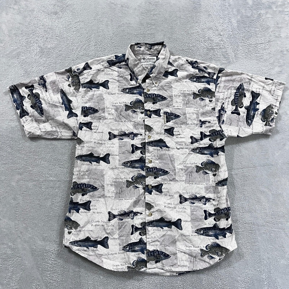 Columbia Fishing Button Down Shirt Men's Large All Over Print Sunfish Catfish